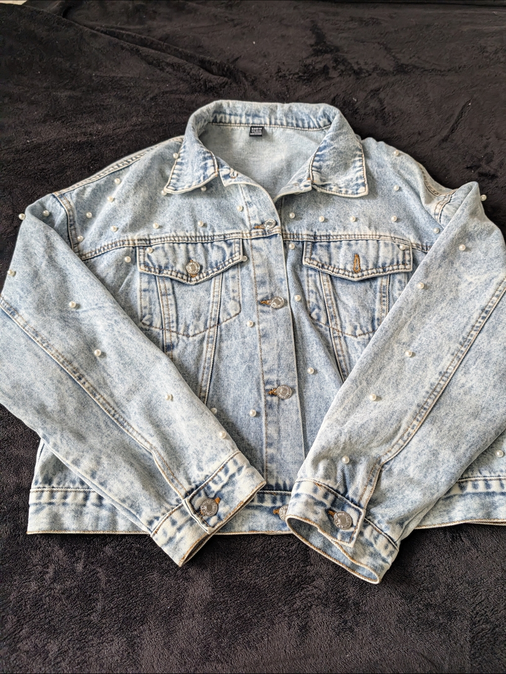 SHEIN Light Wash Denim Jacket with Pearl Accents